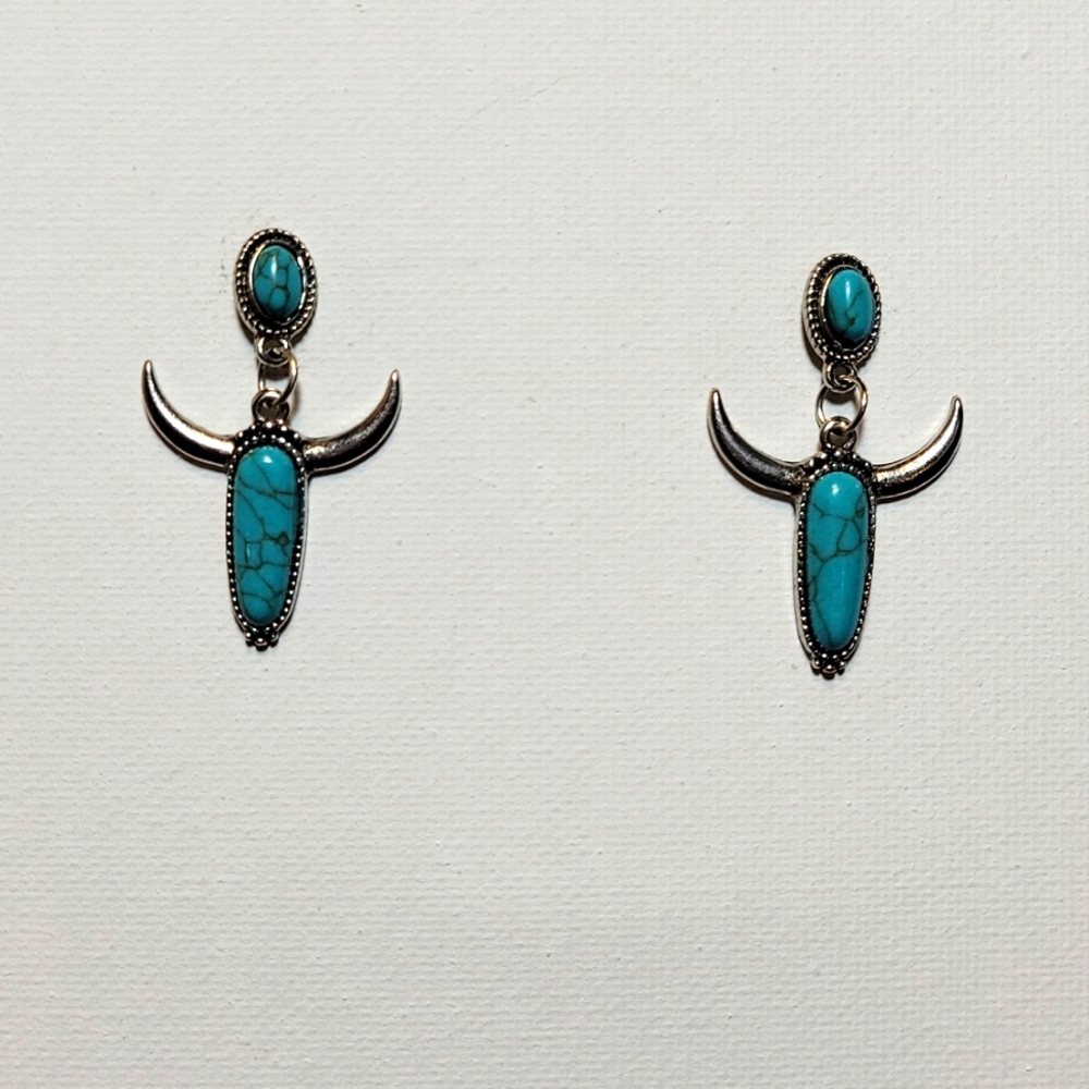 Boutique Teal Cow Skull Earrings